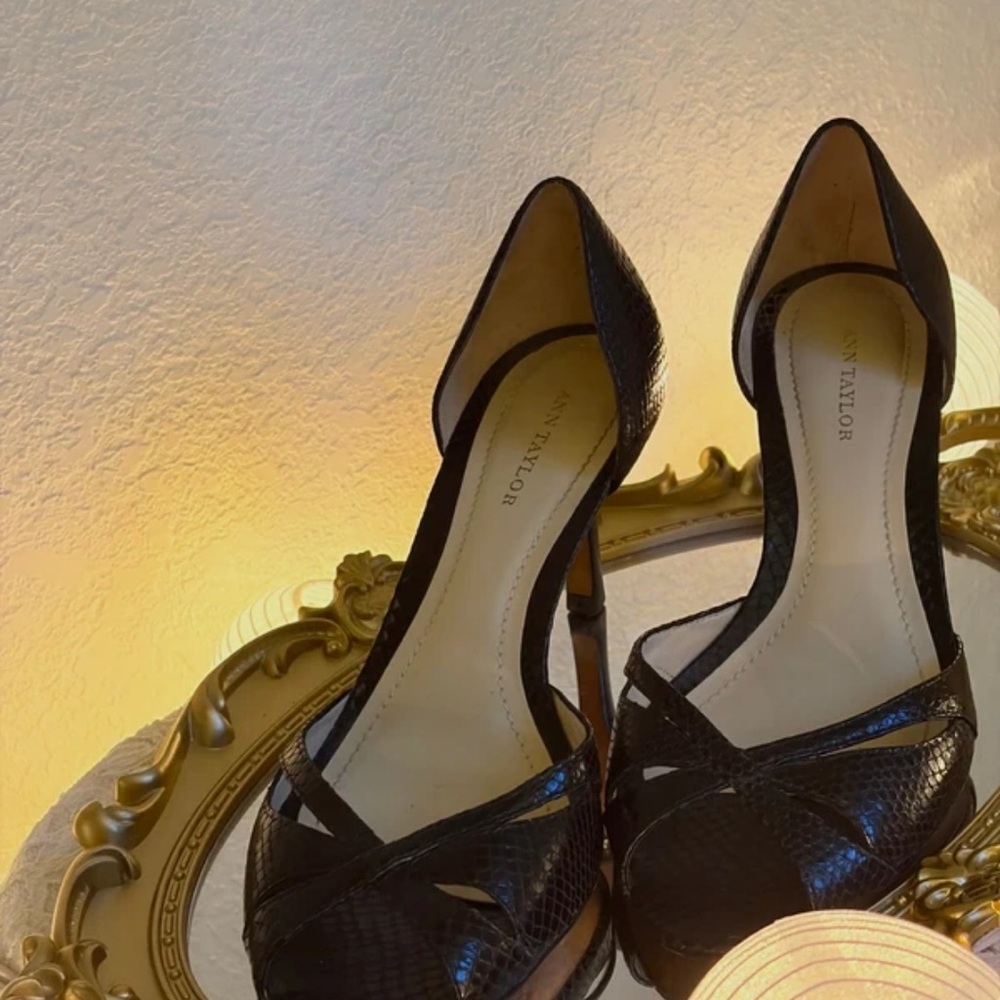 Ann Taylor Black D'Orsay Peep-Toe Snake-Texture Heels